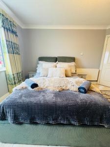 a bedroom with a large bed with pillows on it at Lord Windsor's Regal Chamber in Drogheda
