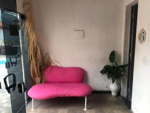 a pink chair in a room with a plant at Casa da mãe joanna in Guapimirim +9 photos