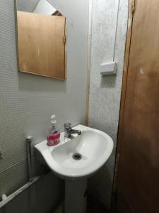 a bathroom with a white sink and a mirror at Flor Austral in Chile Chico +12 photos