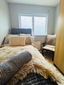 a bedroom with a large bed with a large window at The Emerald Prince Alcove in Drogheda