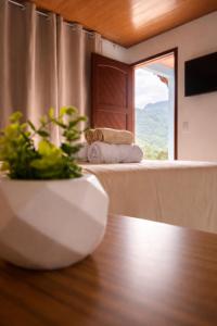 a room with two beds and a table with a plant at Chalés do Lago Lumiar in Nova Friburgo +3 photos