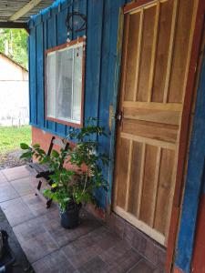 a door to a house with a plant next to it at Canto da restinga in Paranaguá +3 photos