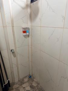 a bathroom with white marble walls and a shower at Ticary Nature Homes in Guápiles