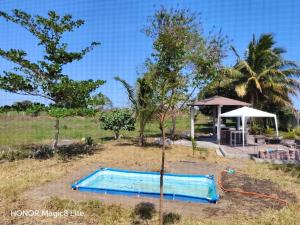 a pool in the middle of a field with an umbrella at Quinta Aroma Zempoala in Zempoala