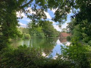 a view of a river with a house in the distance at Heron Barn in Hollingbourne