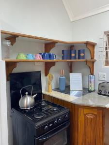 a kitchen with a stove with a tea kettle on it at Foundry farmhouse in Bothaʼs Hill