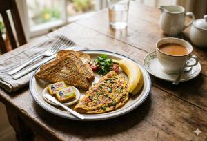 a table with a plate of breakfast food and a cup of coffee at HOTEL NILADRII GALAXY in Siliguri