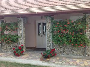 バラトンベレーニにあるHoliday Home Balatonbereny 2の玄関の赤い花の家