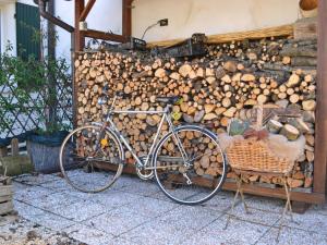 a bike parked next to a pile of logs at La Noghera in Noghera