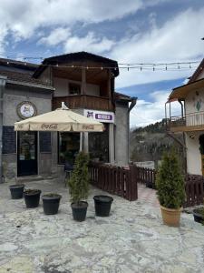 a restaurant with potted plants in front of a building at Guest House Seno in Dilijan