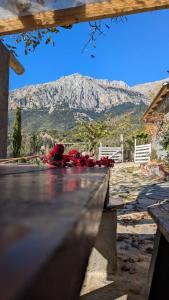 a table with flowers on it with a mountain in the background at Αγρόκτημα Agrikia Σπίτι in Arachova +5 photos