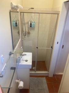 a bathroom with a shower and a sink at Ciara's Cottage CC'S in Illawong +22 photos