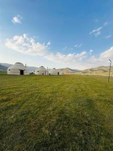 a field with three white domes in the distance at NOMAD KEL-SUU Yurt Camp in Kol-Suu