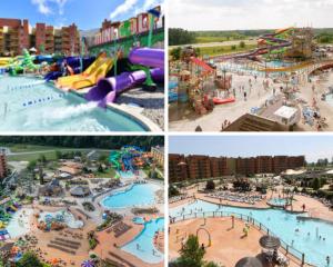 a collage of four pictures of a water park at Summit Chalet at Stillwater in Pocono Summit