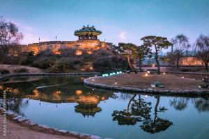 a view of a castle and a pond at night at stay young in Suwon