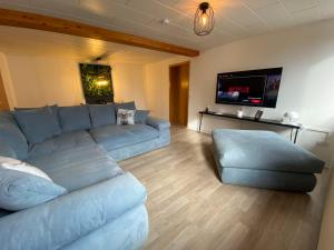a living room with a blue couch and a flat screen tv at Deer Lounge in Bad Liebenstein
