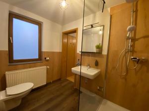 a bathroom with a toilet and a sink and a shower at Deer Lounge in Bad Liebenstein +3 photos
