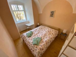 a bedroom with a bed with two green pillows on it at Klášter Nová Říše in Nová Říše