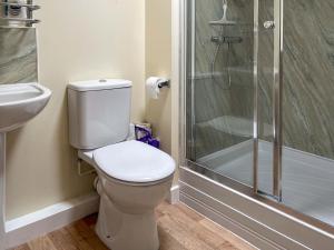 a bathroom with a toilet and a shower at The Stable Room - Uk51595 in Berwick-Upon-Tweed +2 photos