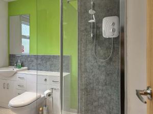 a bathroom with a shower with a toilet and a sink at Peebles Apartment in Peebles +2 photos