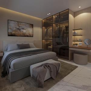 a bedroom with a large bed and a walk in closet at The Five Hotel & Resort Evara - 24 Hours stay in Dong Anh