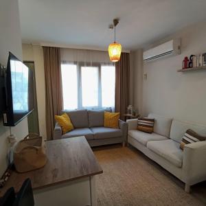 a living room with a couch and a tv at Dalgaci Deniz Konukevi in Ayvalık