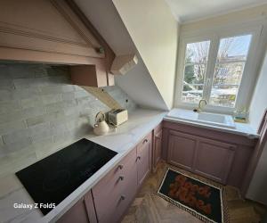 a small kitchen with a sink and a window at La Cathedrale in Senlis