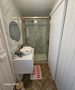 a small bathroom with a sink and a shower at La Cathedrale in Senlis