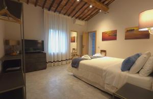 a bedroom with a bed and a flat screen tv at La Corte del Chianti Classico in Gaiole in Chianti