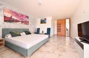 a bedroom with a large bed and a flat screen tv at Pensiunea VADU in Vadu