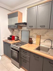 a kitchen with a stove and a sink at Yellow Dawn Modern Flat in Quiet Area with Garage Parking and Self Check-In in Rediu +17 photos