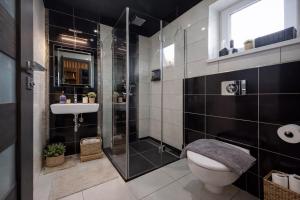 a bathroom with a shower and a toilet and a sink at Vila GARUFA Wellness & Spa in Vysoké Tatry