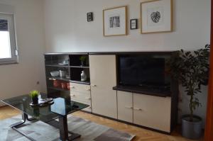 a living room with a tv and a glass table at Anka Cozy Apartment in Galovac