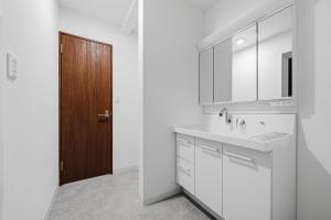 a bathroom with a sink and a wooden door at Nord Birch in Tōbetsu