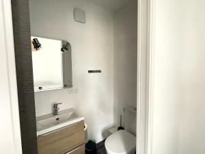 a bathroom with a sink and a toilet and a mirror at Studio au calme - rez de jardin in Chignin