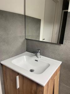 a white sink in a bathroom with a mirror at location appartement neuf dans maison in Aix-les-Bains