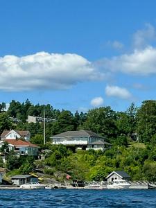a group of houses on a hill next to the water at Cottage With Private Dock By Eidangerfjord in Porsgrunn