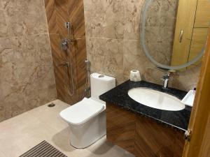 a bathroom with a toilet and a sink and a mirror at Orchha River Stone Resort in Orchha +40 photos