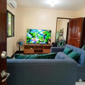 a living room with a blue couch and a flat screen tv at Moalboal Homestay VILLA in Tomonoy