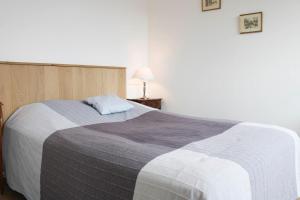 a bedroom with a large bed with a gray and white blanket at Renovated studio with quiet balcony in Bois-Colombes +10 photos