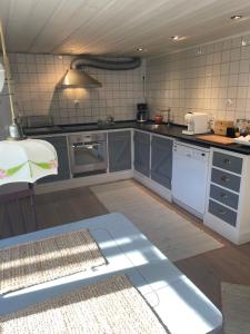 una cucina con mobili blu e un piano di lavoro di One Room Bed & Breakfast a Skänninge Altre 11 foto