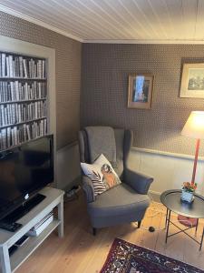 un soggiorno con una poltrona e un televisore di One Room Bed & Breakfast a Skänninge