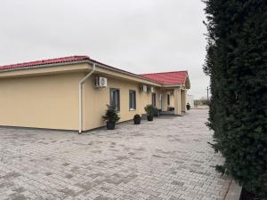 a row of houses with potted plants in a driveway at Pensiunea Rodica in Nădlac