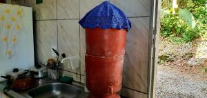 a red and blue fire hydrant next to a sink at Hospedagem up home Natureza e Simplicidade in Barra de Guaratiba