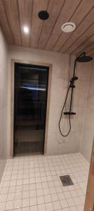 a shower in a bathroom with a tile floor at Villa Lotta in Virttaa +19 photos