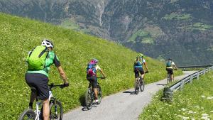 a group of people riding bikes down a mountain road at Appartamento Mondeval in Selva di Cadore