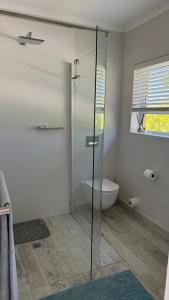a bathroom with a glass shower and a toilet at Hack's Shack in Cape Town +18 photos