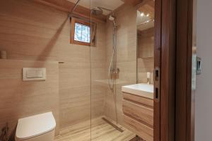 a bathroom with a shower with a toilet and a sink at Seraphine Chalet in Peje +12 photos