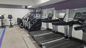 a gym with rows of treadmills and elliptical machines at The Castle Suite 24h Gym Free Parking in Kenilworth