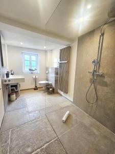 a bathroom with a shower and a sink at Uijs Hüs in Borgsum